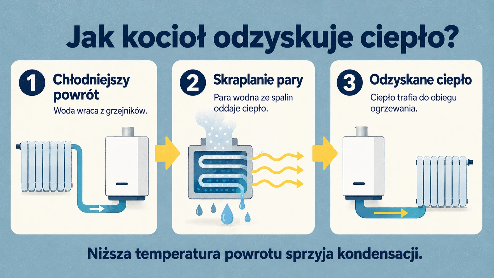Trzy etapy odzysku ciepła: chłodniejsza woda wraca z grzejników, para wodna ze spalin skrapla się i oddaje ciepło, odzyskane ciepło trafia do obiegu ogrzewania.