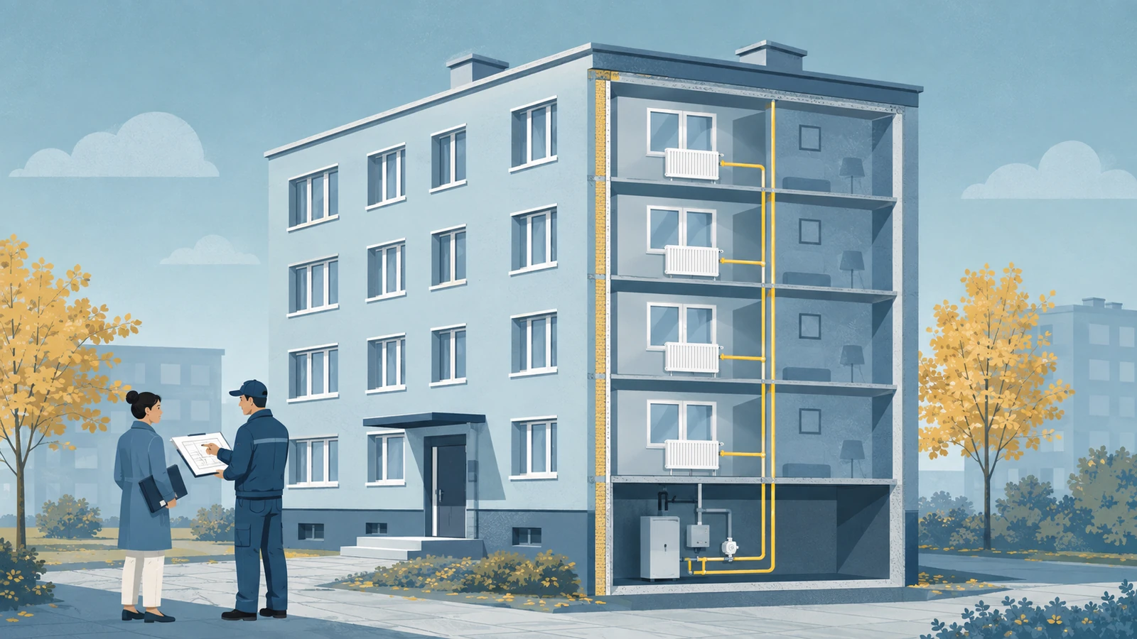Przekrój bloku z grzejnikami na czterech kondygnacjach i instalacją w piwnicy; mieszkanka i technik omawiają plan modernizacji.