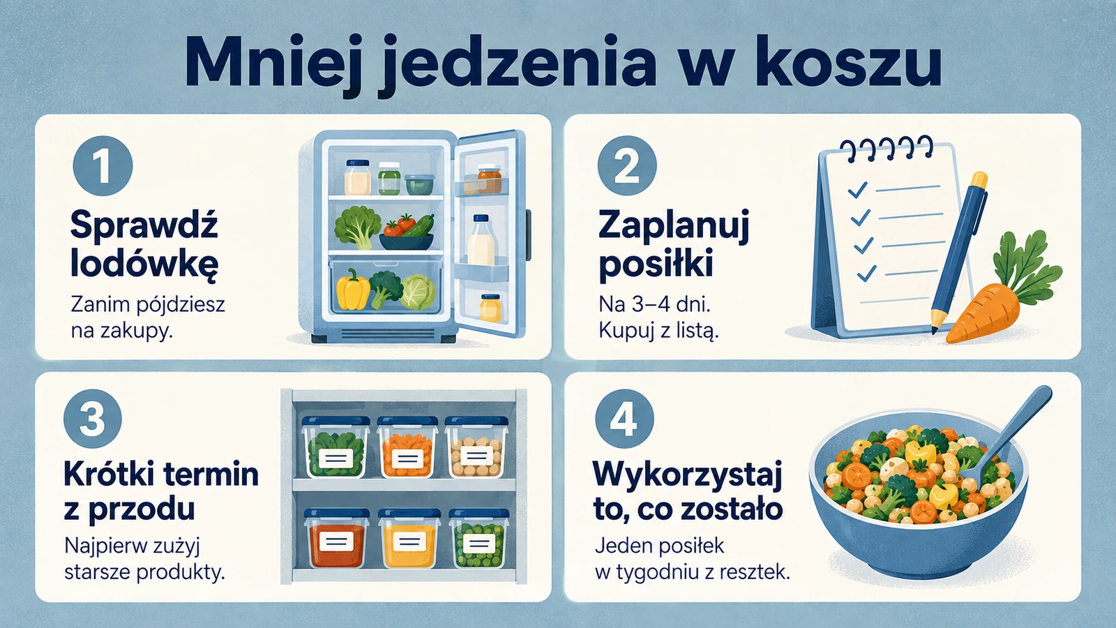 Cztery nawyki: sprawdź lodówkę przed zakupami, zaplanuj posiłki na 3–4 dni, trzymaj produkty z krótkim terminem z przodu i raz w tygodniu wykorzystaj resztki.